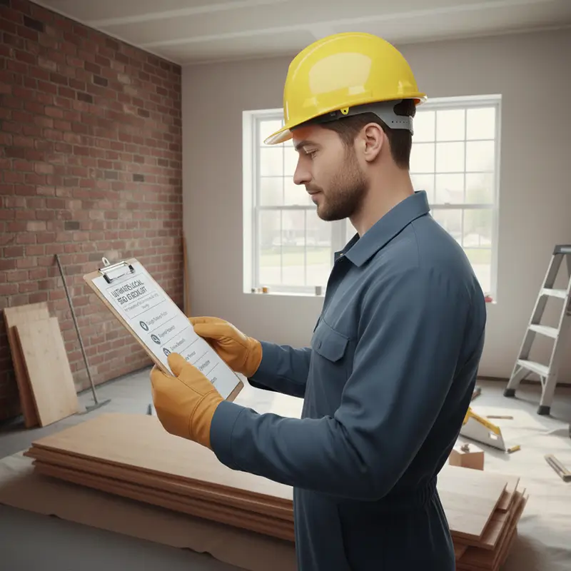 Contractor wearing a safety helmet reading a local SEO checklist inside a house under renovation.
