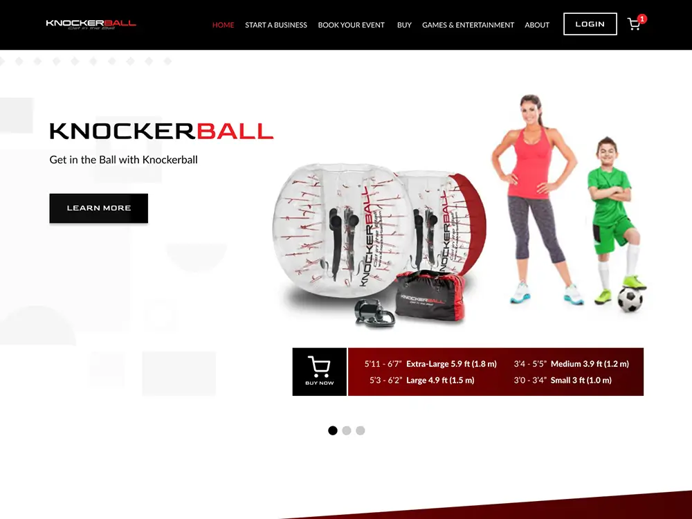 Website design and development for a games and entertainment e-commerce client, featuring bubble football products.