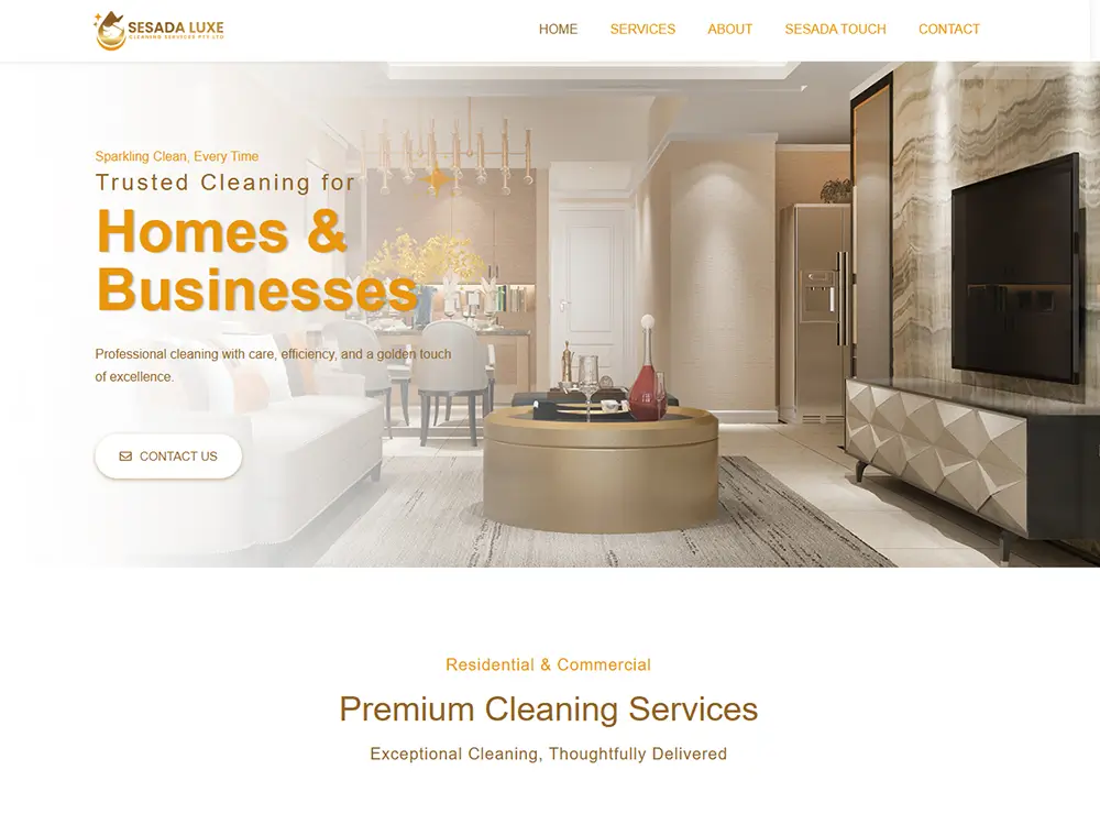 Website design and development for a premium residential and commercial cleaning company, featuring interior design aesthetics.