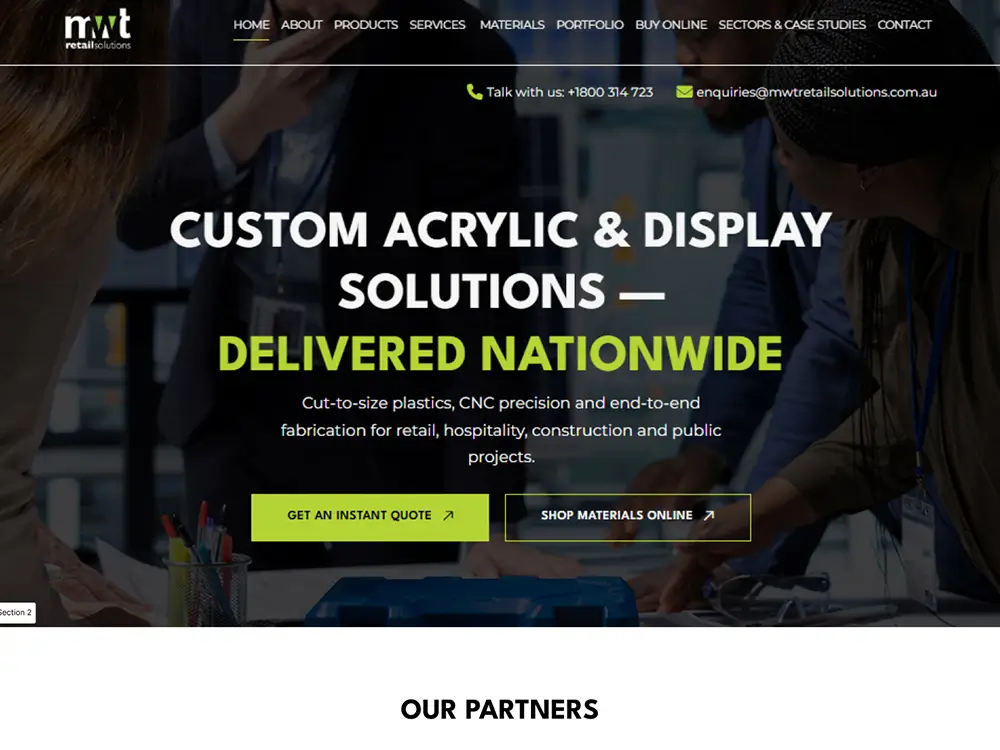 Website design and development for a custom acrylic and display solutions manufacturer, featuring their delivered nationwide services.