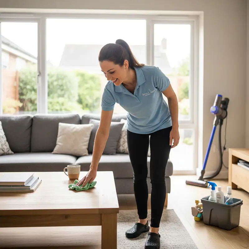 Professional cleaner carefully wiping down a coffee table surface in a well-lit living room.