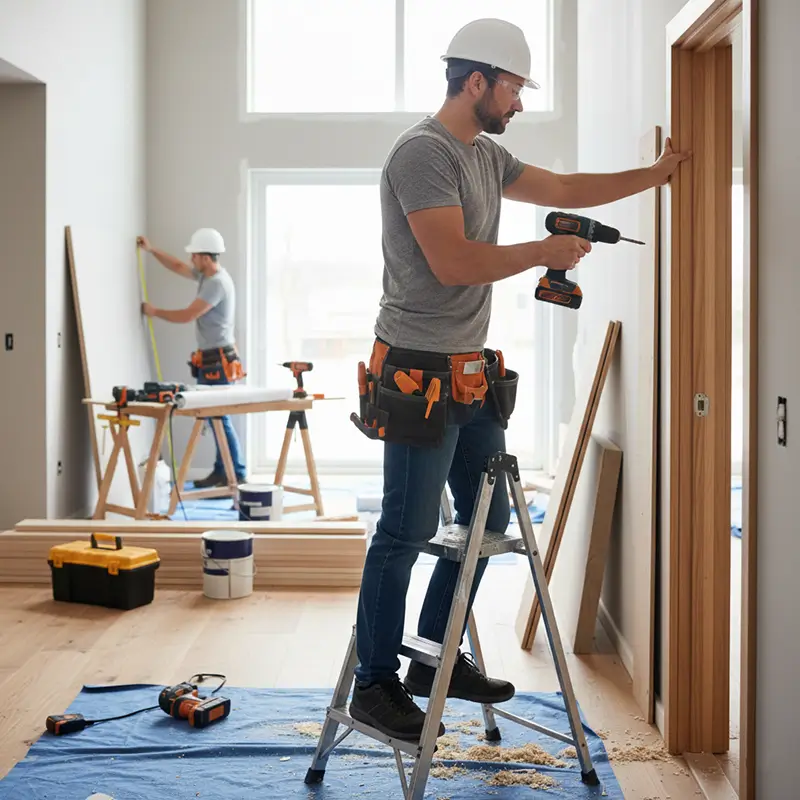 Contractor performing interior repair work inside a house.