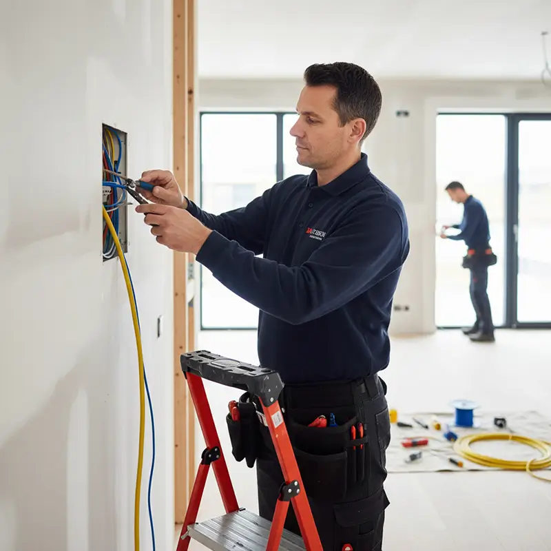 Electrician working on exposed wiring inside a house wall.