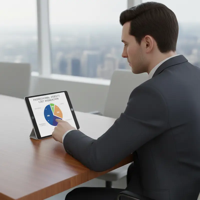 Businessman pointing at a screen showing a professional business website cost breakdown chart during a consultation.