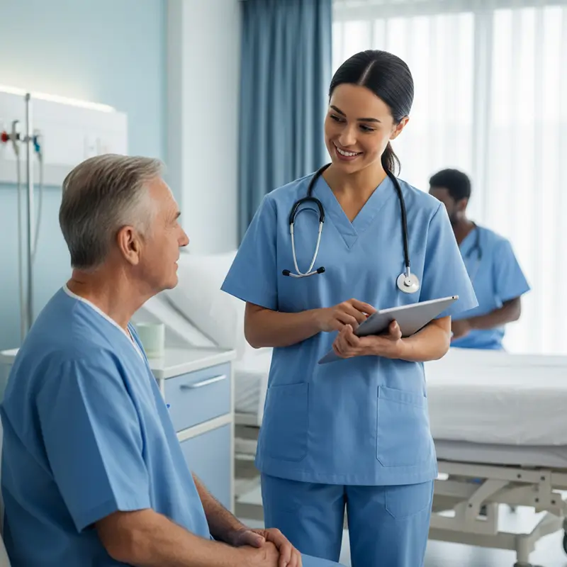 Nurse smiling while checking vitals or providing care to a patient in a modern, clean hospital room.