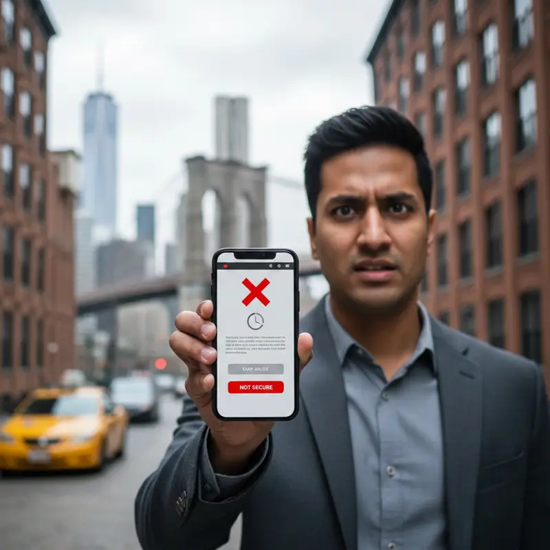 Frustrated user showing a broken website on a phone in NYC, illustrating local business website design problems.