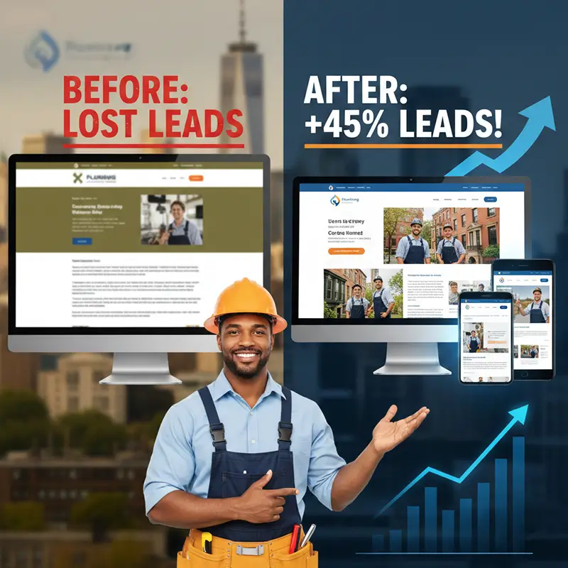 NYC plumbing website redesign showing 45% lead increase with plumber, city background, and growth graph.
