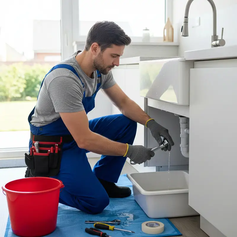 Plumber fixing a leaking faucet drain under a kitchen sink.