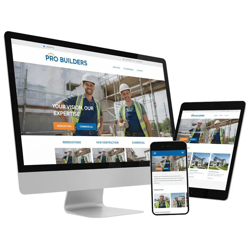 Responsive web design for construction services shown on desktop, tablet, and mobile, highlighting mobile-friendly display.