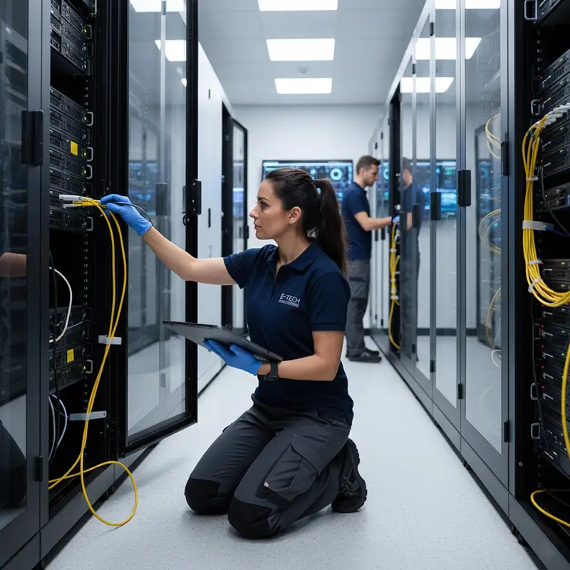 IT technician working with a wrench on a server rack inside a secure, operational data center for maintenance.