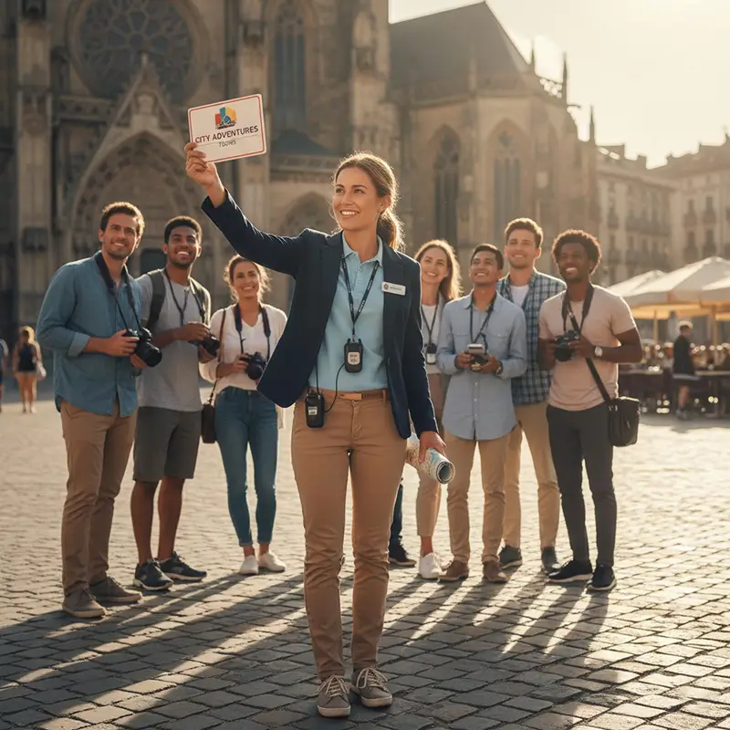 Professional tour guide leading a diverse group of tourists through a historical or scenic outdoor landmark.